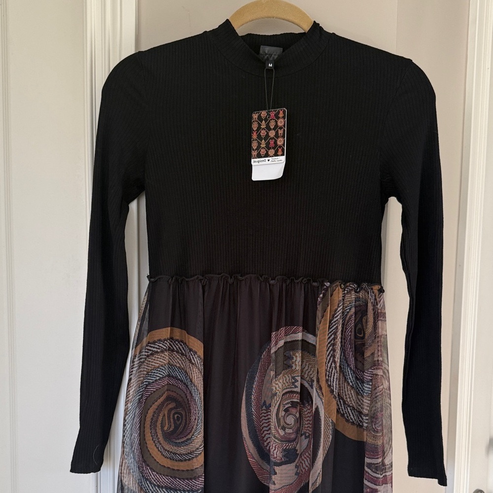 Black Long Sleeve Dress with Patterned Skirt